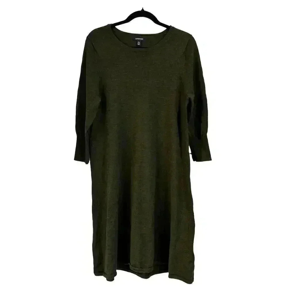 Lands End Merino Wool Blend Midi Knit Dress 3/4 Sleeves Dark Green Size Large
